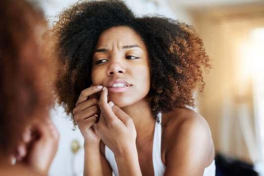 Femme, miroir et l'acné avec des soins de la peau à la maison avec une éruption de boutons, problème de peau et frustré.