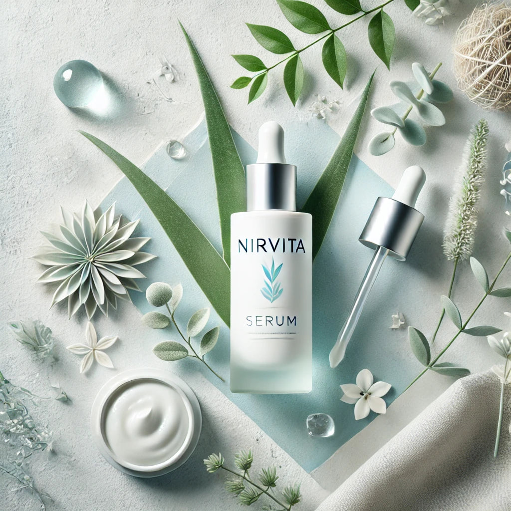 Produits de soins de la peau Nirvita, incluant le sérum anti-imperfections, avec des ingrédients naturels pour une routine anti-acné efficace.