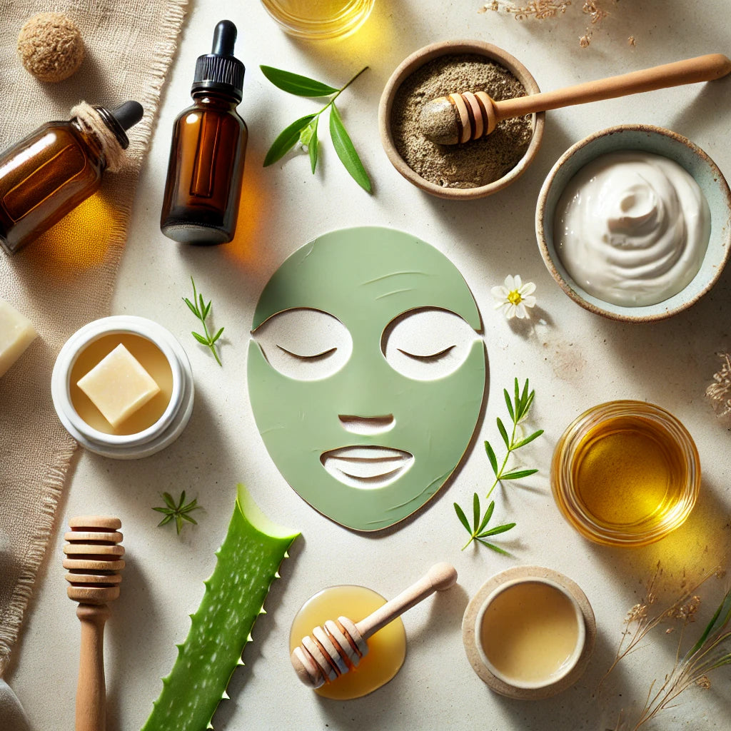 Illustration de produits naturels pour le soin de la peau, avec des ingrédients tels que l’aloe vera, le miel et l’argile verte, utilisés pour traiter l’acné de manière douce et naturelle.